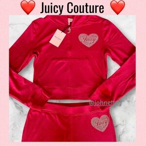 🔥❤️JUICY COUTURE Velour Tracksuit Hoodie & Pants Flash Red Bling Heart Logo M